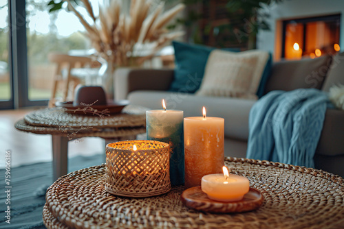 Cozy living room interior design, burning candles on a coffee rable, boho hygge concept photo