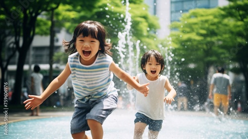 Fototapeta Naklejka Na Ścianę i Meble -  公園で水遊びをする子供、元気な夏の日本人の女の子