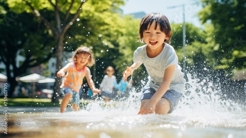 公園で水遊びをする子供、元気な夏の日本人の女の子