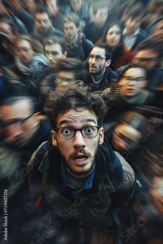 A man standing in a moving crowd with a worried facial expression, anxiety concept