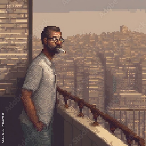 pixel art of a man standing on a balcony smoking while overlooking a city, in the style of ahmed morsi, with glasses, looking into the camera, wealthy portraiture, rich and immersive, webcam photo
