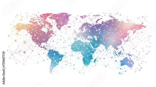 A visually striking world map featuring interconnected nodes connected by lines, symbolizing global connectivity and communication in vibrant colors and gradients