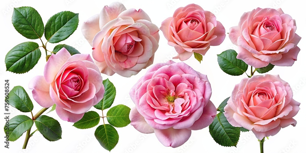 Set of beautiful pink roses in full bloom, with soft petals and green leaves. Generated AI