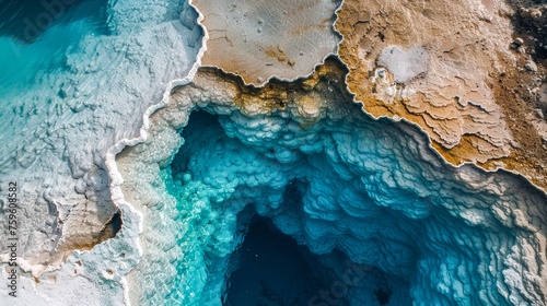 An aerial shot capturing the stunning colors and textures of a geothermal spring and its surrounding area