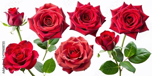 Set of beautiful red roses in full bloom  with soft petals and green leaves. Generated AI