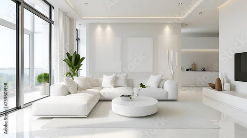 Trendy white living room with modern decoration, simple home decor.. generative ai 