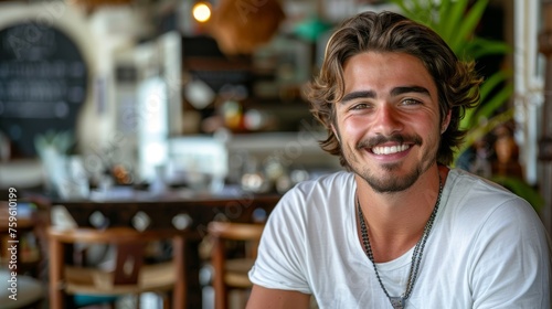 Handsome smiling, happy and pleased stoic man with positive vibes. Portrait of a joyful young man with beautiful hair and fashionable clothes.