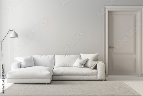 3D illustration of modern living room with white sofa carpet open door and blank wall Interior design concept photo