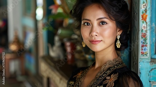 Close up shot of a asian woman in a black retro kebaya dress