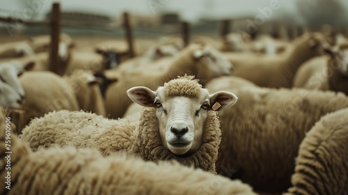 A lone sheep stands apart from the herd, gazing up with a sense of individuality and distinctiveness, evoking the notion of uniqueness and standing out © pvl0707