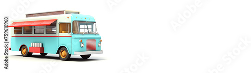 vintage food truck on white background with shadow, panoramic layout. Generative Ai