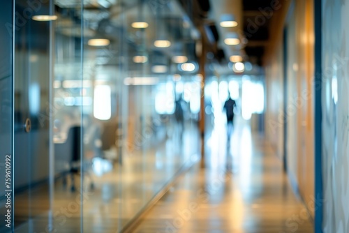 A blurry photograph of an office setting. The open corridor is flooded with natural light from the glass wall on the left. © Straxer