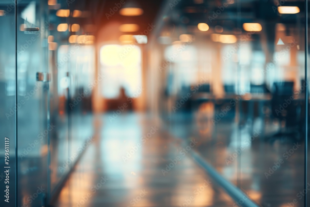 A blurry photograph of an office setting. The open corridor is flooded with natural light from the glass wall on the left.