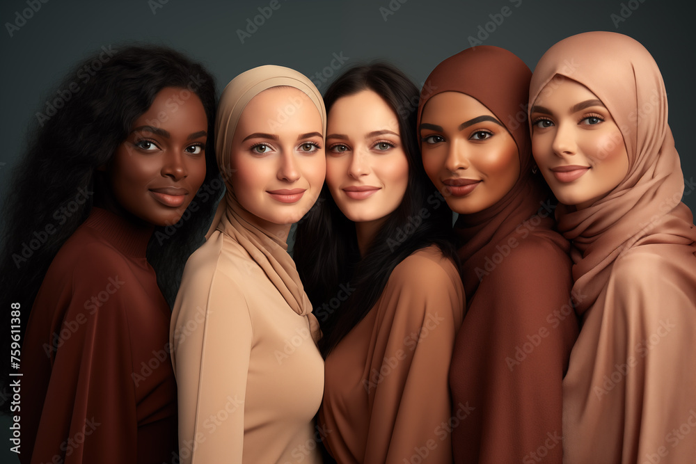 Obraz premium Diversity, multi ethnic beauty concept. beautiful ladies of different races with natural makeup in row.