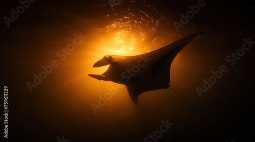 A shot from below of manta rays swimming in the underwater. photo