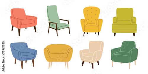 Armchair set. Modern colorful upholstered chairs. Cushioned modern seat furniture. Trendy scandinavian armchairs. Cartoon flat vector illustration isolated on a white background.