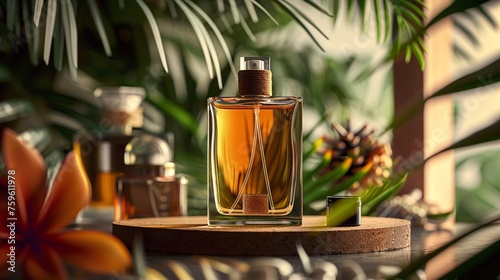 a perfume bottle no brand on a platform, a decant perfume brown sample on bottle no brand, minimalist tropical concept. Cosmetic photography