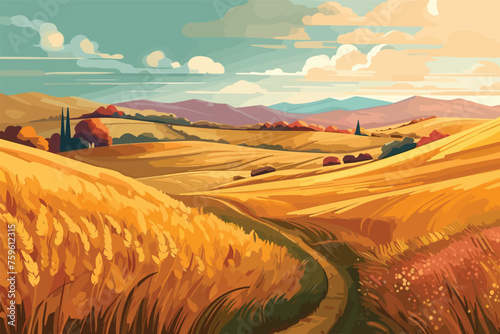 Landscape vector background Road to golden yellow vector illustration.