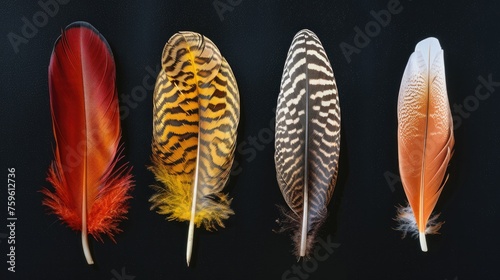 Beautiful colorful magical bird feathers isolated on black background. Generative AI © Dvid