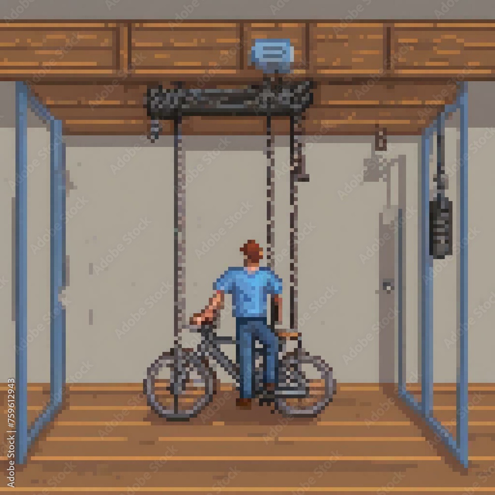 pixel art of a man in a blue shirt, securing the bike to a black metal ...