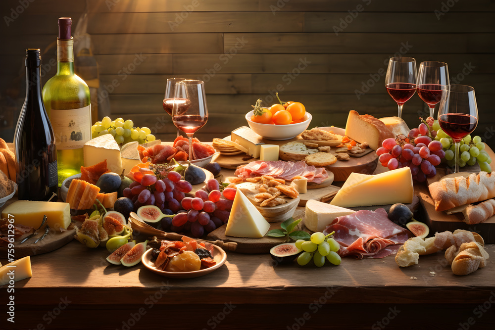 A Rustic Table Spread Featuring an Array of Artisan Breads, Cheese, Fresh Fruits and Wine
