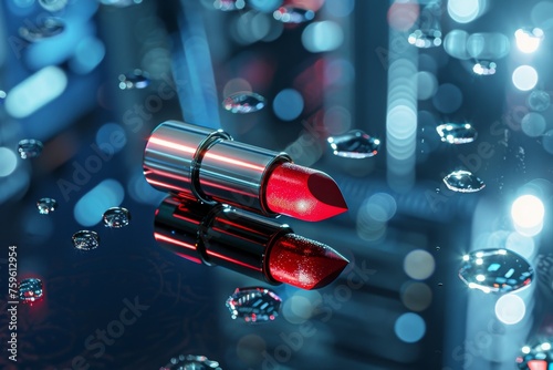 Open tube of red glitter lipstick with reflective surfaces and sparkling bokeh light effects. © doraclub