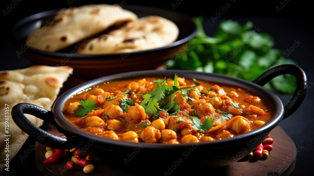 Chickpeas curry with naan bread. Indian cuisine