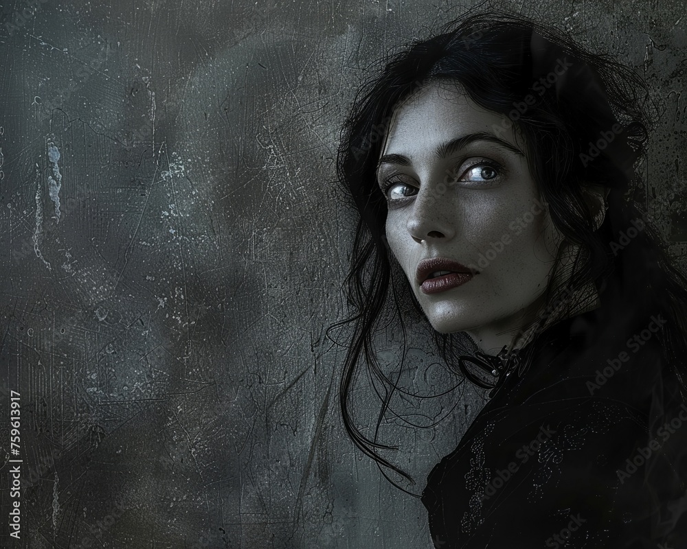 A haunting portrait of Threnody with a subtle, rutilant undertone, set against a sparse background for added impact