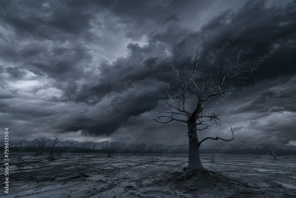 Fototapeta premium A nihilistic landscape devoid of life, with barren trees and a dark, stormy sky