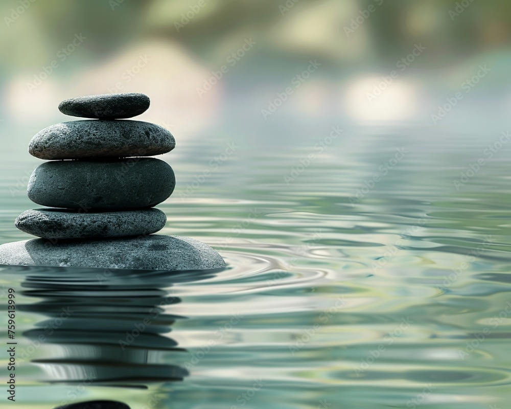 A peaceful zen garden with a background of water gently rippling, creating a sense of calm and introspection, with room for additional text or imagery to be added