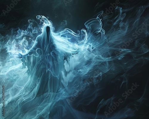 A mysterious wraith emerging from the shadows with ethereal energy swirling around them