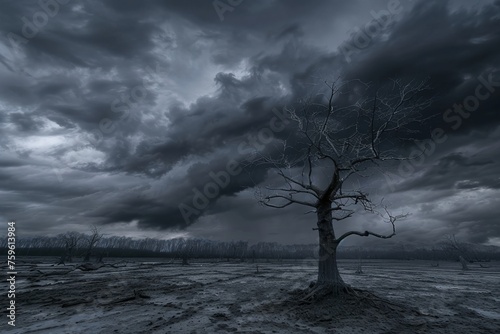 A nihilistic landscape devoid of life, with barren trees and a dark, stormy sky photo