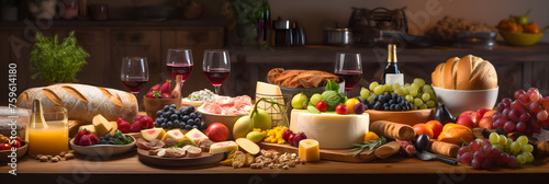 A Rustic Table Spread Featuring an Array of Artisan Breads, Cheese, Fresh Fruits and Wine