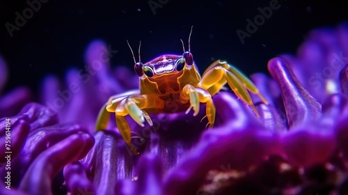 Macro shot of a small crab on a coral reef in a marine aquarium