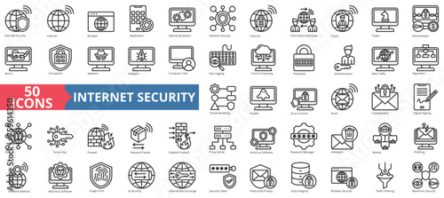 Internet security icon collection set. Containing internet, browser, application, operating system, network security, insecure, information exchange icon. Simple line vector photo