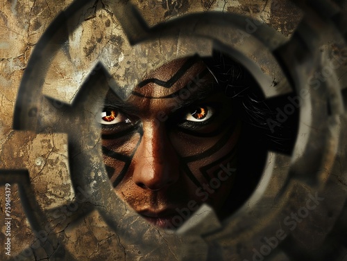 Incubus emerging from a labyrinthine background with copy space