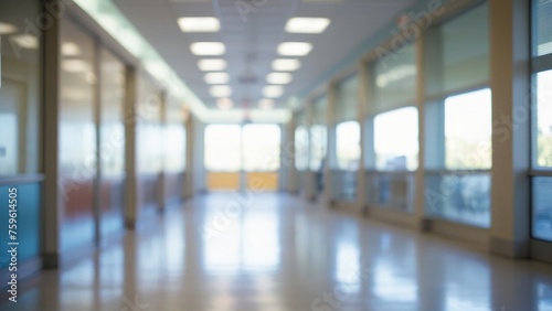 Blur image background of hospital clinic corridor empty hallway glass window ceiling door healthcare