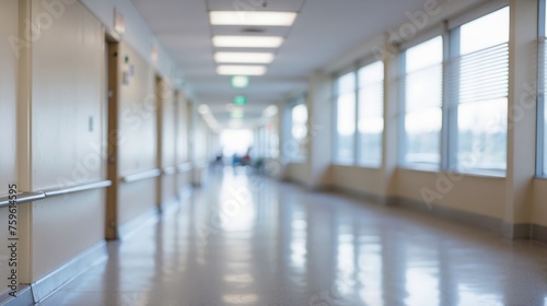 Blur image background of hospital clinic corridor empty hallway glass window ceiling door healthcare