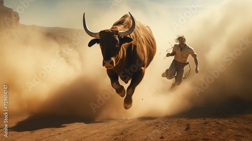 Dust kicks up as the cowboy and bull engage in a dance of power and determination.