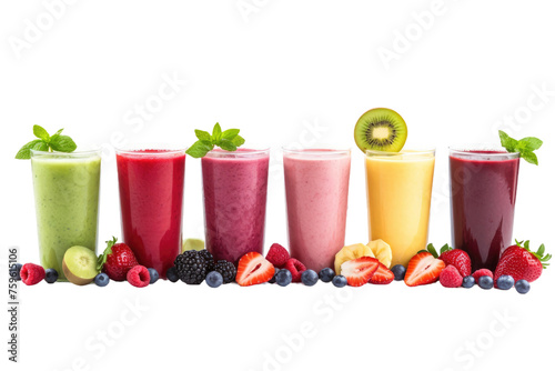 Row of Smoothies With Kiwi  Raspberry  Kiwi. on a White or Clear Surface PNG Transparent Background.
