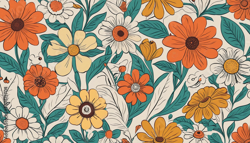 Trendy floral   pattern illustration. Vintage 70s style hippie flower background design. Colorful pastel color groovy artwork, y2k nature backdrop with flowers.