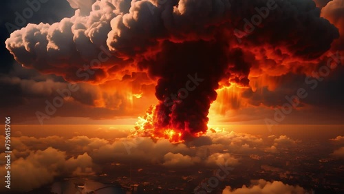 Nuclear War. Explosion nuclear bomb. Nuclear bomb explosion in nuclear war. Explosion of a nuclear bomb with a mushroom cloud. Nuclear war apocalypse concept photo