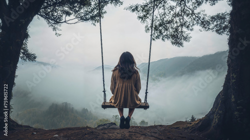 Young girl sitting alone on a rope tree swing looking over foggy forest mountains, gloomy overcast day, overwhelming sense of loneliness. photo