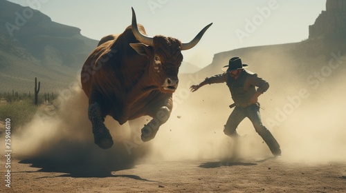 The cowboy and bull engage in a fierce battle of wills, their struggle captivating the audience.