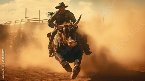 The cowboy's grit and determination shine as he rides the bull, a thrilling showdown in the arena.