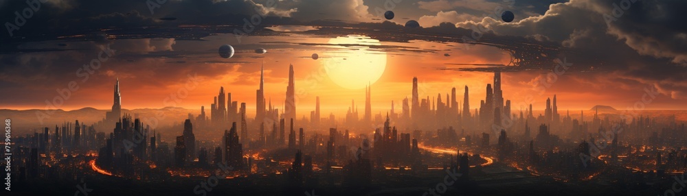 Sunset over a futuristic cityscape drones buzzing softly