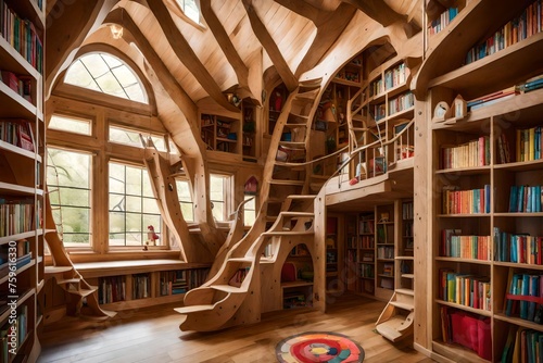 A whimsical playhouse nestled among bookshelves, complete with slides and climbing ropes.