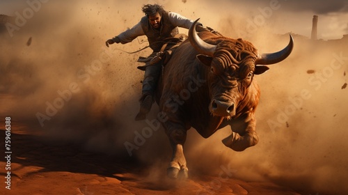 With a firm grip, the cowboy conquers the bucking bull, a testament to human tenacity.