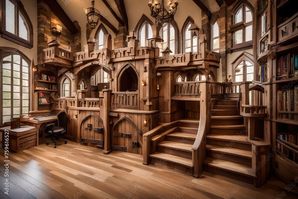 A room with a custom-built castle playhouse, complete with turrets, a drawbridge, and secret passages.