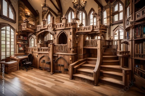 A room with a custom-built castle playhouse  complete with turrets  a drawbridge  and secret passages.